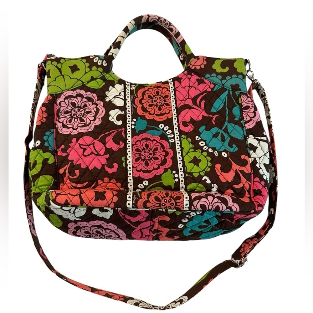 Vera Bradley Large Floral Lola Two-Way Tote Brown Quilted Cotton Crossbody